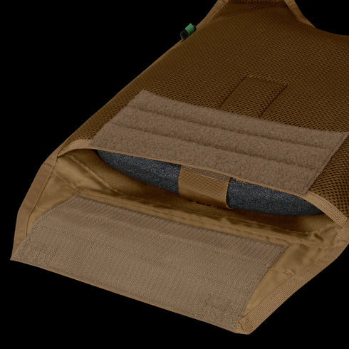 A close-up of the Condor Modular Operator Plate Carrier Gen II shows an open brown pocket with a gray ballistic plate inside.